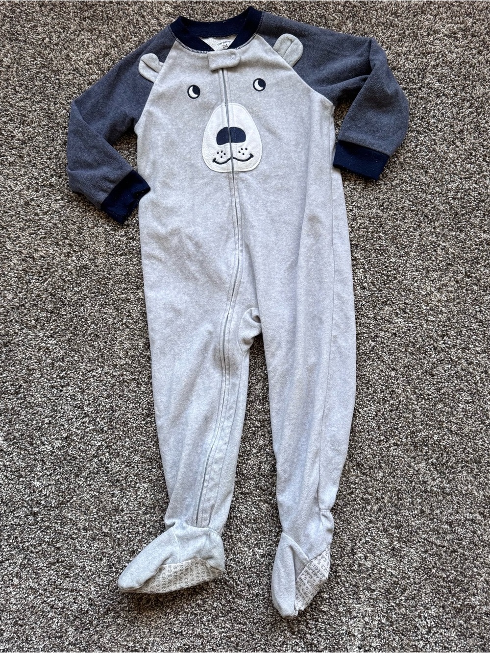 Cozy Bear Footed One-Piece Pajamas - Light Gray with Navy Accents